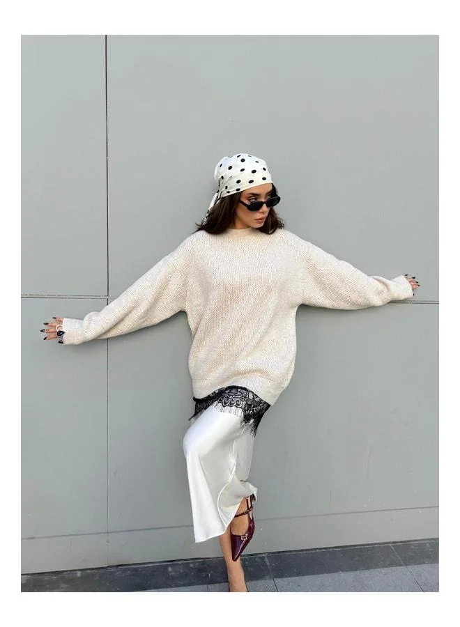 mina aise Women's Stone Knit Sweater with Lace Details 4514.