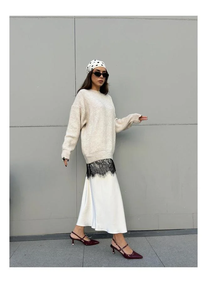 mina aise Women's Stone Knit Sweater with Lace Details 4514.