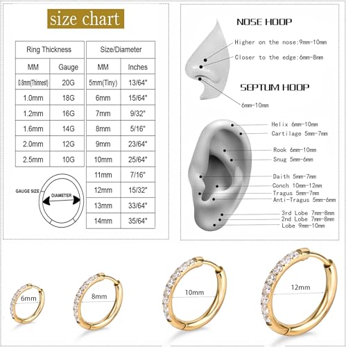 Showself Surgical Steel CZ Huggie Hoop Earrings Hypoallergenic, 18G Conch Piercing Jewelry, Small Gold Cubic Zirconia Earring, Hinged Endless Ear Hoops, Little Hug Hoop Earrings for Women Men (12mm) - Image 5