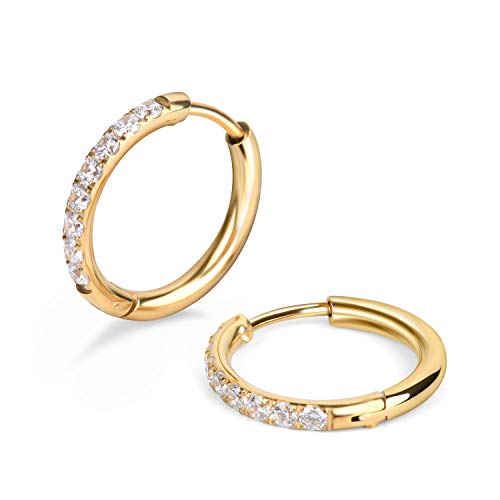 Showself Surgical Steel CZ Huggie Hoop Earrings Hypoallergenic, 18G Conch Piercing Jewelry, Small Gold Cubic Zirconia Earring, Hinged Endless Ear Hoops, Little Hug Hoop Earrings for Women Men (12mm) - Image 1