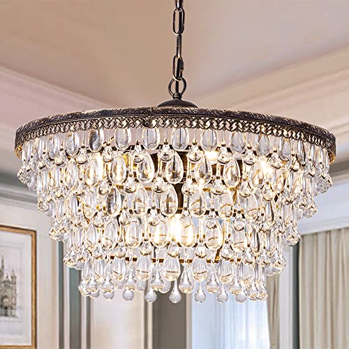 Wellmet Crystal Chandelier, 6-Light 5 Tiers Farmhouse Bronze Ceiling Lighting Fixture, Modern Foyer Dining Room Chandeliers for Bedroom, Hallway, Bar, Kitchen, W20-inch - Image 1