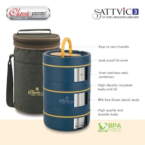 Classic Steels Sattvic Insulated Stainless Steel Lunch Box 2 Containers 350 ml Each & 1 Container 550 ml, 1 Spoon | Microwave Safe | Leak Proof Lunch Box| Keep Your Meal Fresh and Hot Upto 4 Hours - Image 5