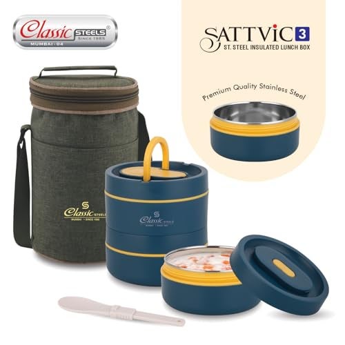 Classic Steels Sattvic Insulated Stainless Steel Lunch Box 2 Containers 350 ml Each & 1 Container 550 ml, 1 Spoon | Microwave Safe | Leak Proof Lunch Box| Keep Your Meal Fresh and Hot Upto 4 Hours - Image 2