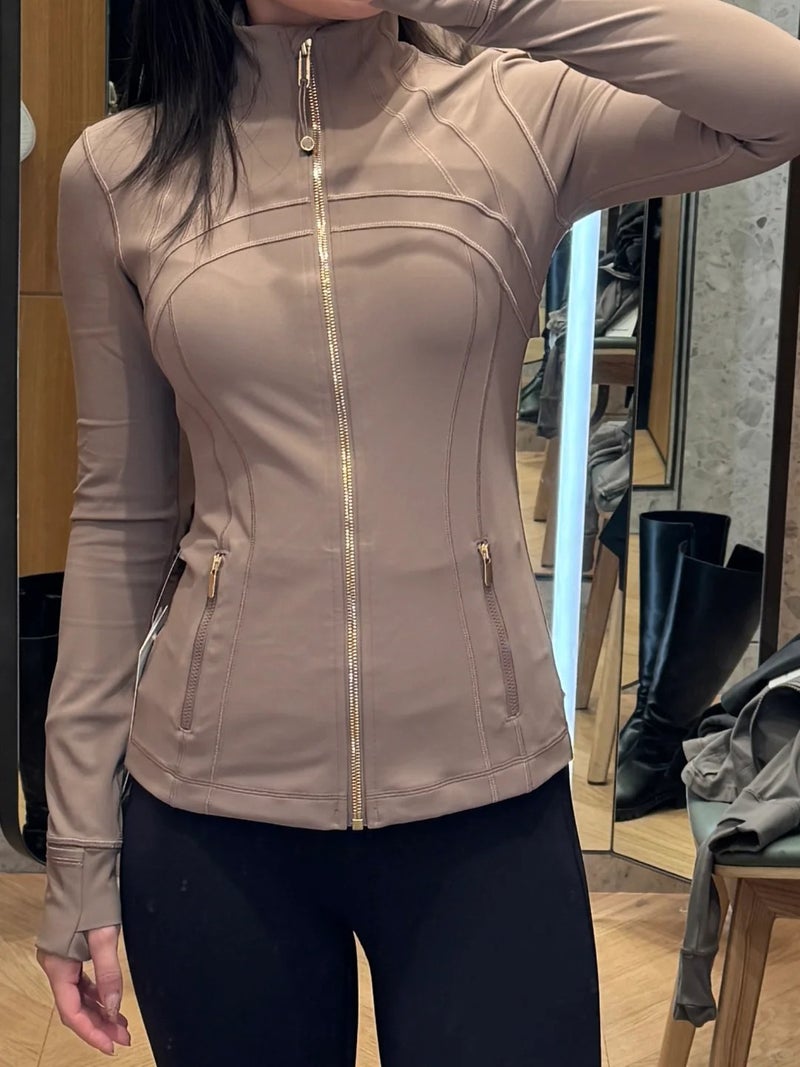 2024 New Womens Yoga Top Defin Gold Zipper Outdoor Sport Stand Collar Jacket Fashionable No Net Fabric Outdoor Wear Earthy gold zipper 
