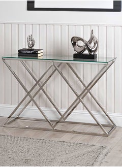 VANITY LIVING VANITY LIVING Porto Chrome Console Table, Sleek Metallic Frame with Tempered Glass Top, Modern and Stylish Design  - Image 1