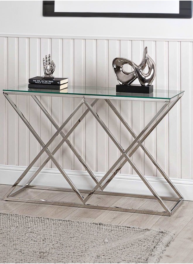 VANITY LIVING - VANITY LIVING Porto Chrome Console Table, Sleek Metallic Frame with Tempered Glass Top, Modern and Stylish Design - Image 1