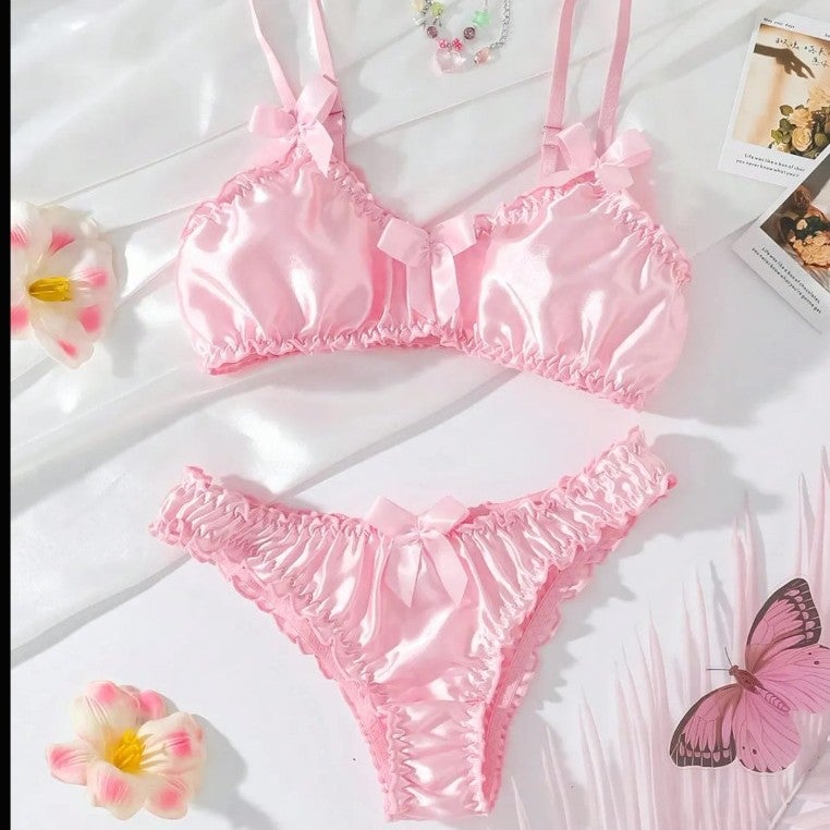 New Satin Wire-Free With Bow Exquisite Intimates Set Two-Piece Set - Image 2
