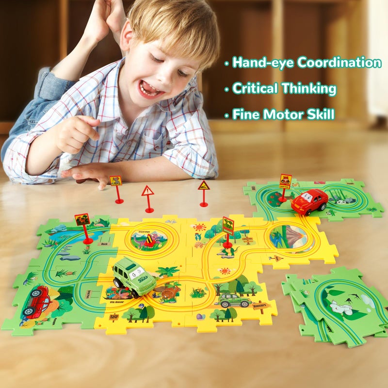 YOOYID Plastic Floor Puzzles for Kids Ages 3-5 with 2 Cute Vehicles, Race Tracks for Kids 3-5, Puzzle Racer Kids Car Track Set, Toys for 3 4 5 6 Year Old Boys Girls, STEM Toys for Kids - Image 2