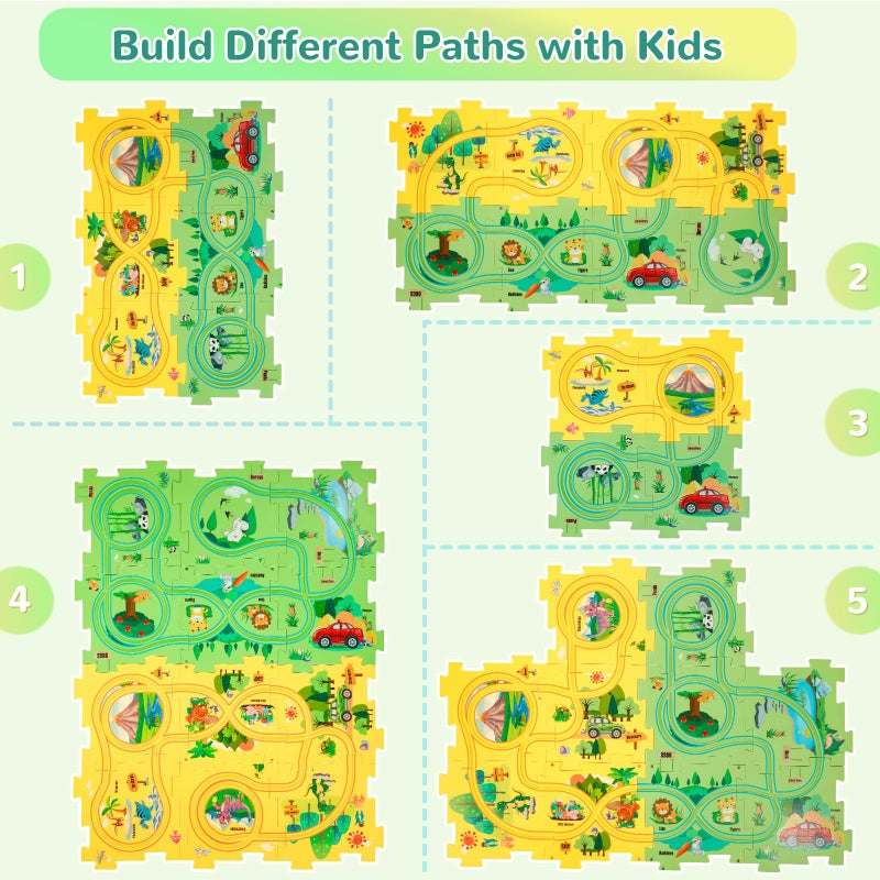 YOOYID Plastic Floor Puzzles for Kids Ages 3-5 with 2 Cute Vehicles, Race Tracks for Kids 3-5, Puzzle Racer Kids Car Track Set, Toys for 3 4 5 6 Year Old Boys Girls, STEM Toys for Kids - Image 5