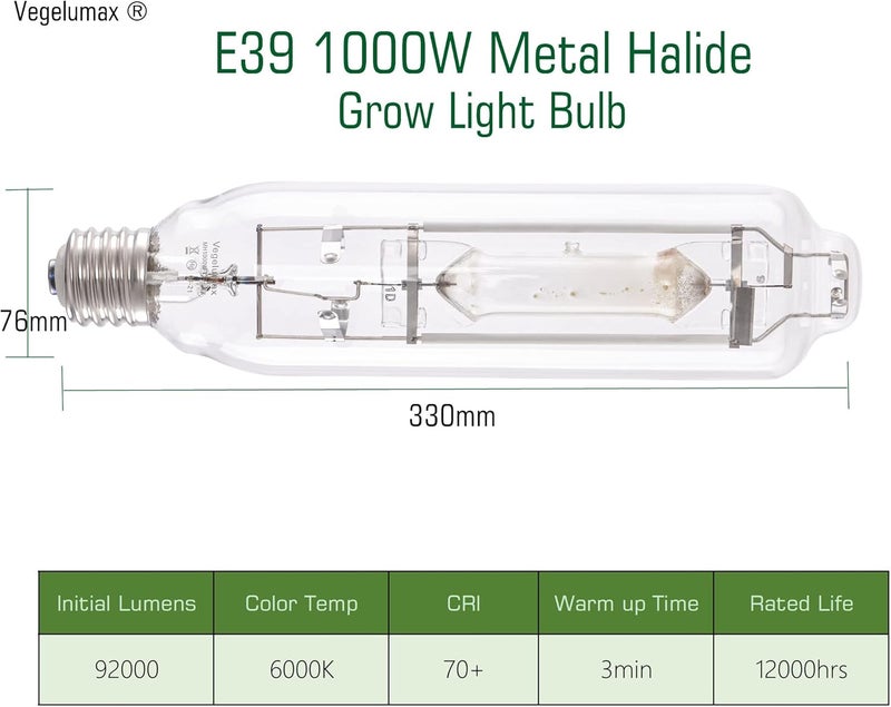 Vegelumax MH 1000W Metal Halide HID Grow Light Bulb Lamp High PAR Enhanced Blue and Violet Spectrums for Horticulture Indoor Plants,CCT 6000K,92,000 Lumens,Great for Commercial Applications,2 Pack - Image 3