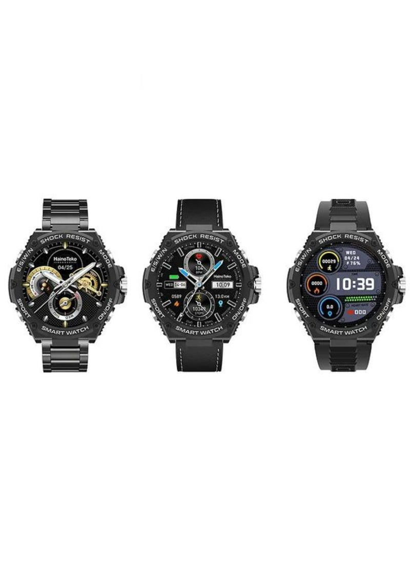 Haino Teko - Haino Teko Germany RW56 Round Shape AMOLED Display Smart Watch With 3 Pair Straps And Wireless Charger Designed For Mens And Boys Black - Image 1