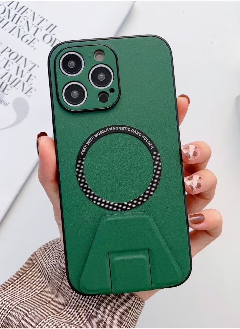 LEEKA - iPhone 14 Pro LEEKA Magsafe Wireless Charging Mobile Phone Leather Case For iPhone 14 Plus 13 Mini 12 11 Pro Max XS XR Buckle Ring Stand Back Cover apple iPhone 14 Pro (Green) - Image 1