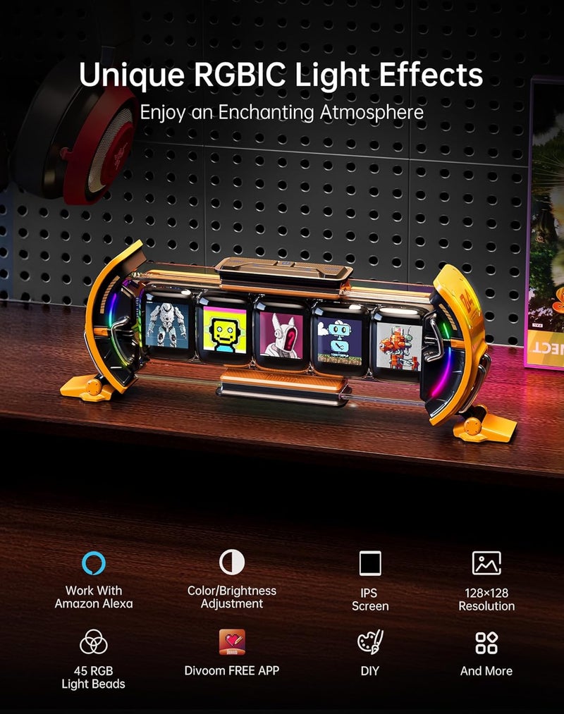 Divoom Times Gate - Cyberpunk Gaming Setup Digital Clock with Smart APP Control, WiFi Connect, RGB LED Display, Personalized Dashboard, Pixel Art for Gaming Room & Office Decor (Yellow) - Image 3