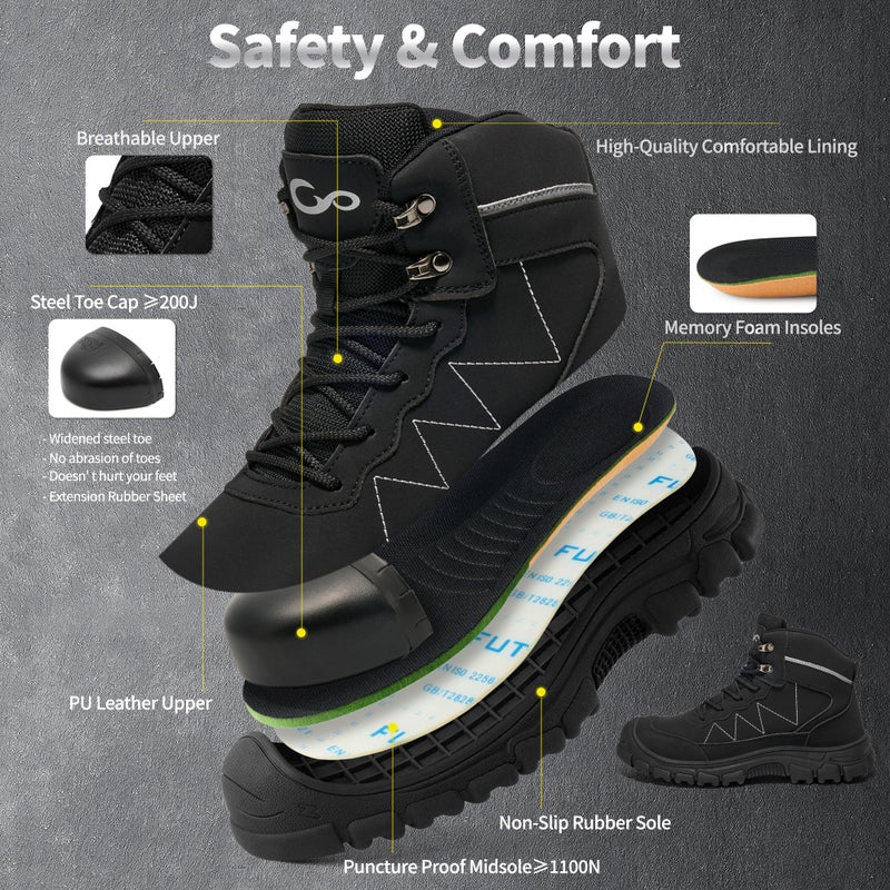 Aomigoct Steel Toe Work Boots for Men: Slip Resistant Waterproof Safety Construction Shoes - Image 3