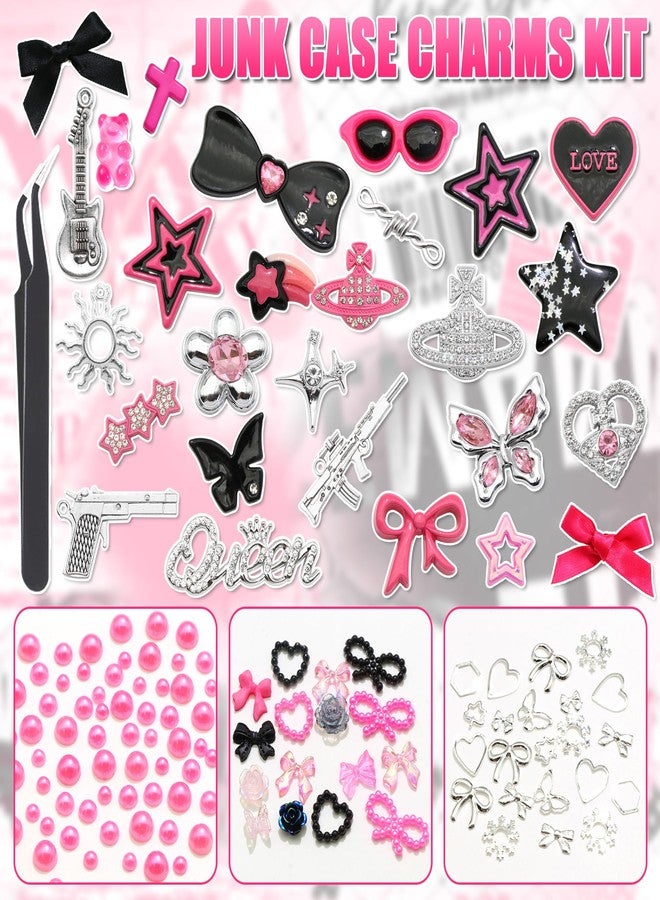 BELICEY مجموعة تعليقات BELICEY Junk Case Charms، باللونين الأسود والوردي، لتزيين حافظات الهواتف، تتضمن تعليقات متعددة الأشكال على شكل فيونكة وقلب ونجمة، بالإضافة إلى لآلئ مسطحة لتخصيص حافظات الهواتف، وتزيين الأظافر، وصناعة المجوهرات، والأعمال اليدوية. - Image 2
