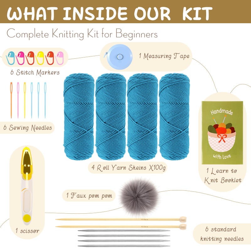 Maasechs Knitting Kit for Beginners Adults Learn to Knit Hat Scarf Glove Complete Knitting Starter Kit with Yarn, Needles, Faux Pom Pom and Step by Step Instruction for Women and Men (Lake Blue) - Image 2