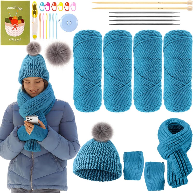 Maasechs Knitting Kit for Beginners Adults Learn to Knit Hat Scarf Glove Complete Knitting Starter Kit with Yarn, Needles, Faux Pom Pom and Step by Step Instruction for Women and Men (Lake Blue) - Image 1