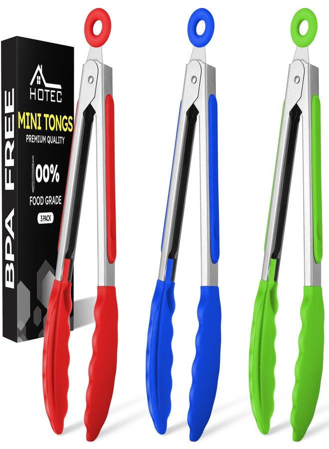 Hotec Mini Silicone Kitchen Tongs for Cooking - 7-Inch Small Serving Tongs with Silicone Tips, Set of 3 (Red,Blue,Green) - Image 1