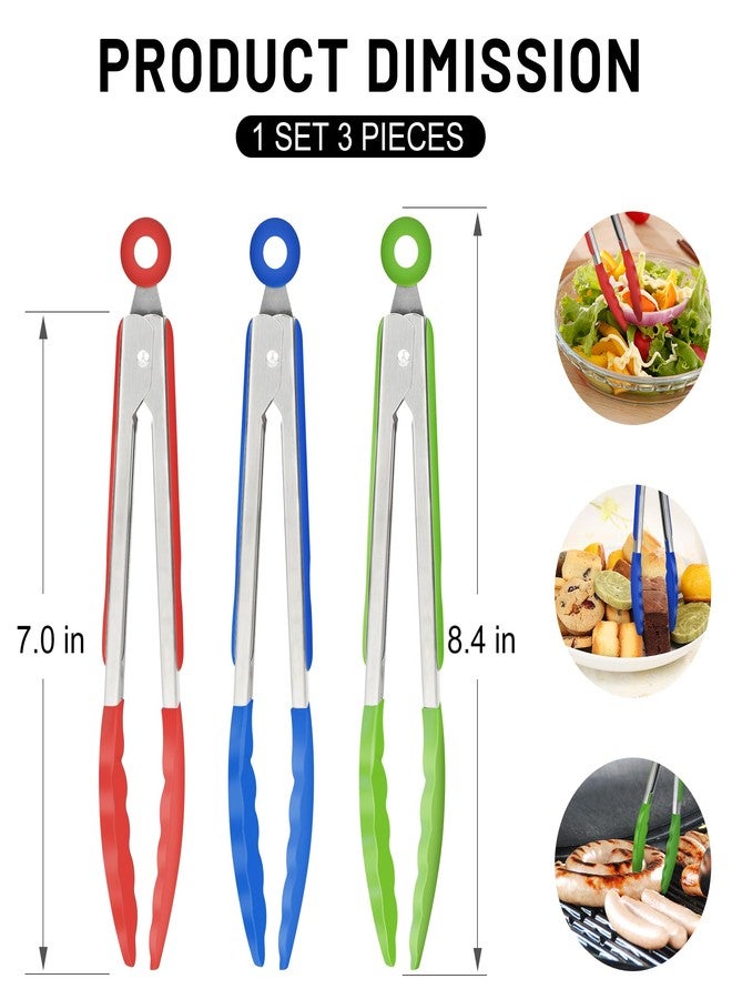 Hotec Mini Silicone Kitchen Tongs for Cooking - 7-Inch Small Serving Tongs with Silicone Tips, Set of 3 (Red,Blue,Green) - Image 2
