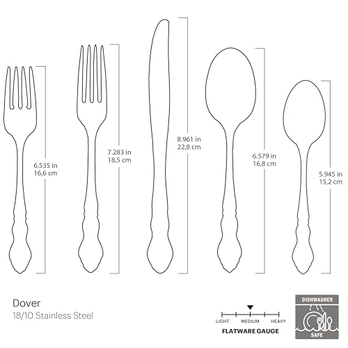 Oneida Silverware Set For 8, Dover 45-Piece Fine Flatware Set with Serving Utensils, Service For 8, 18/10 Stainless Steel, Ornate Pattern, Dishwasher Safe, Knives Spoons & Forks Set (Silver 45 Pieces) - Image 3