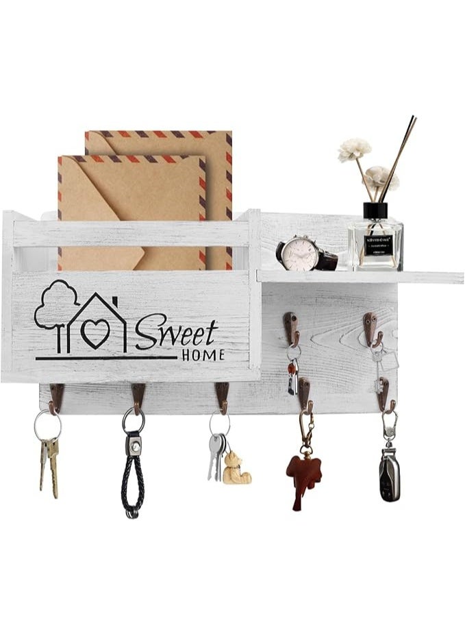 Gocokia Key Hanger Organizer, Mail and Key Holder for Wall Decorative, Wall Shelf with 7 Key Hooks, Wall Mounted Key Hangers with Mailbox, Home Decor (White) - Image 1