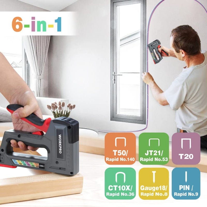 WORKPRO Staple Gun, 6-in-1, Manual Brad Nailer with 4000 Counts Staples, Upholstery Stapler Nail Gun for Fixing Material, Decoration, Carpentry, Furniture, Doors and Windows - Image 5