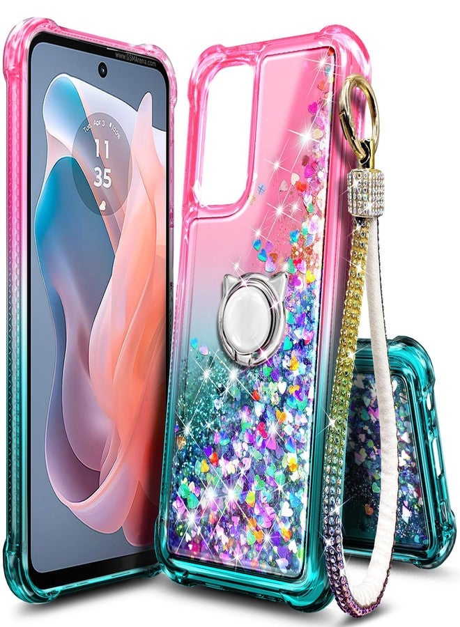WDHD Designed for Samsung Galaxy A36 5G Phone Case, Glitter Floating Liquid Waterfall Girls Women Cute Case with Ring Holder Grip & Diamond Wrist Strap Lanyard (Pink/Aqua) - Image 1
