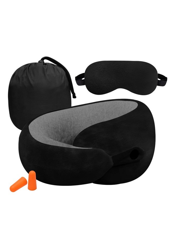 GREELI Premium Memory Foam Neck Pillow for Travel, Compact & Portable Airplane Travel Pillow Combo with Soft Eye Mask and Carry Bag. (Black) - Image 1