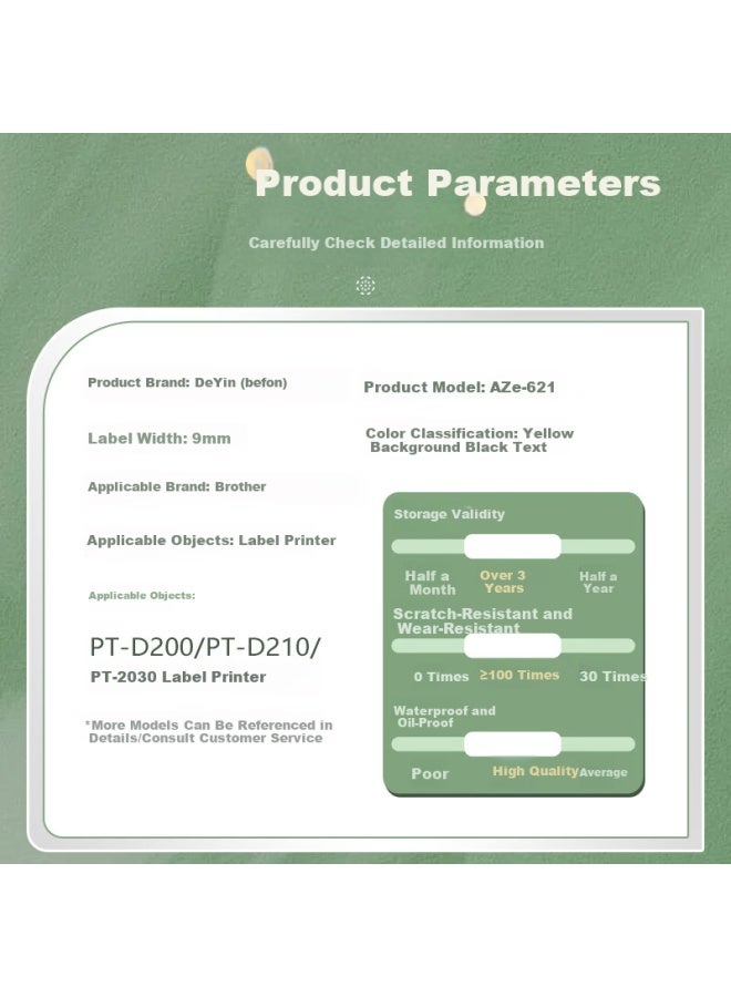 Befon Deyin Label Maker Ribbon، شريط ورق ملصق Brother ذاتي اللصق، 9 مم، Aze-621، خلفية صفراء بنص أسود، Tzc Tze، مناسب لـ Brother Pt-d200، Pt-d210، Pt-2030 - Image 1