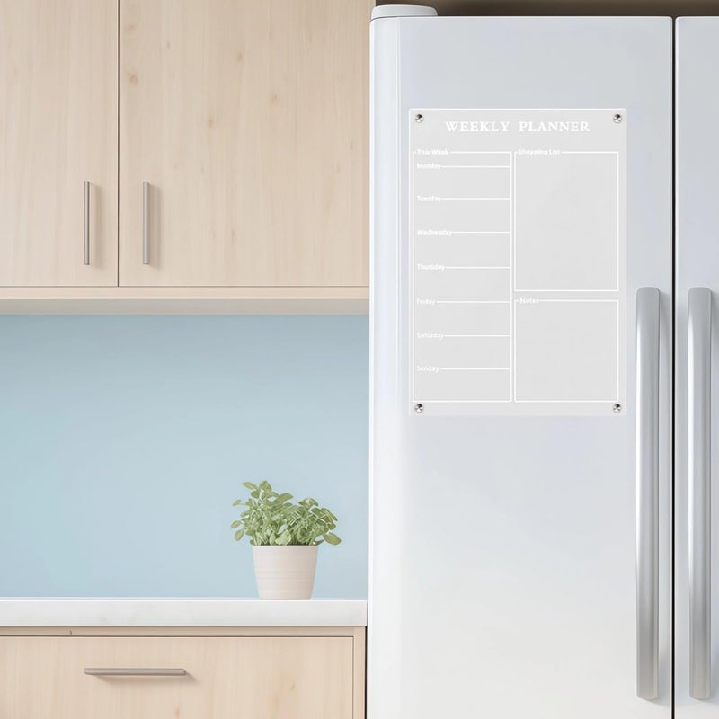Clear Dry Erase Calendar, Fridge Weekly Acrylic Planner, Includes Six Erasable Pens Colors, and Cloths, and Packaging Box, Notes Section Removable, for Kitchen Office Ideal - Image 2