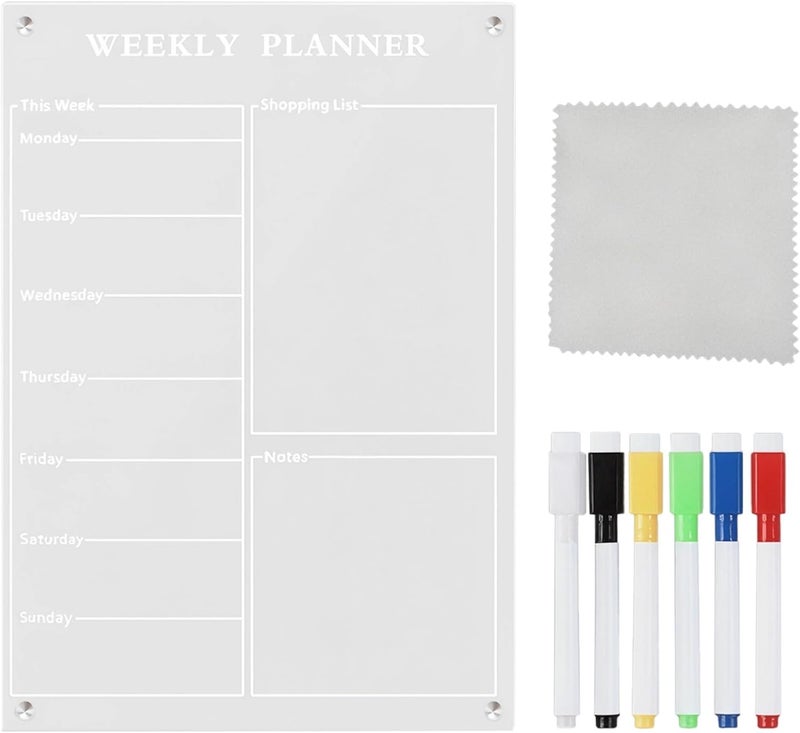 Clear Dry Erase Calendar, Fridge Weekly Acrylic Planner, Includes Six Erasable Pens Colors, and Cloths, and Packaging Box, Notes Section Removable, for Kitchen Office Ideal - Image 1