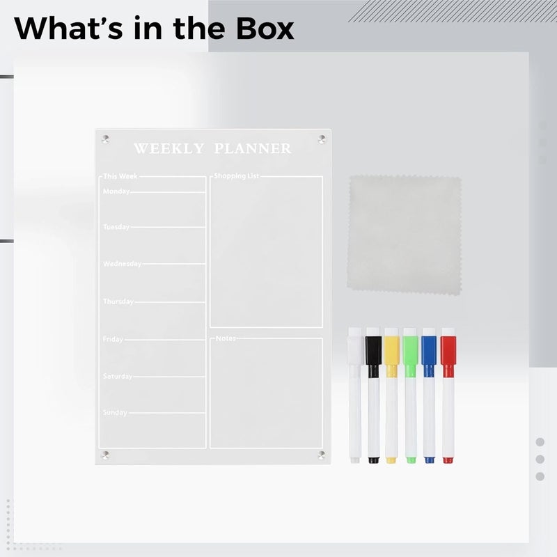 Clear Dry Erase Calendar, Fridge Weekly Acrylic Planner, Includes Six Erasable Pens Colors, and Cloths, and Packaging Box, Notes Section Removable, for Kitchen Office Ideal - Image 4