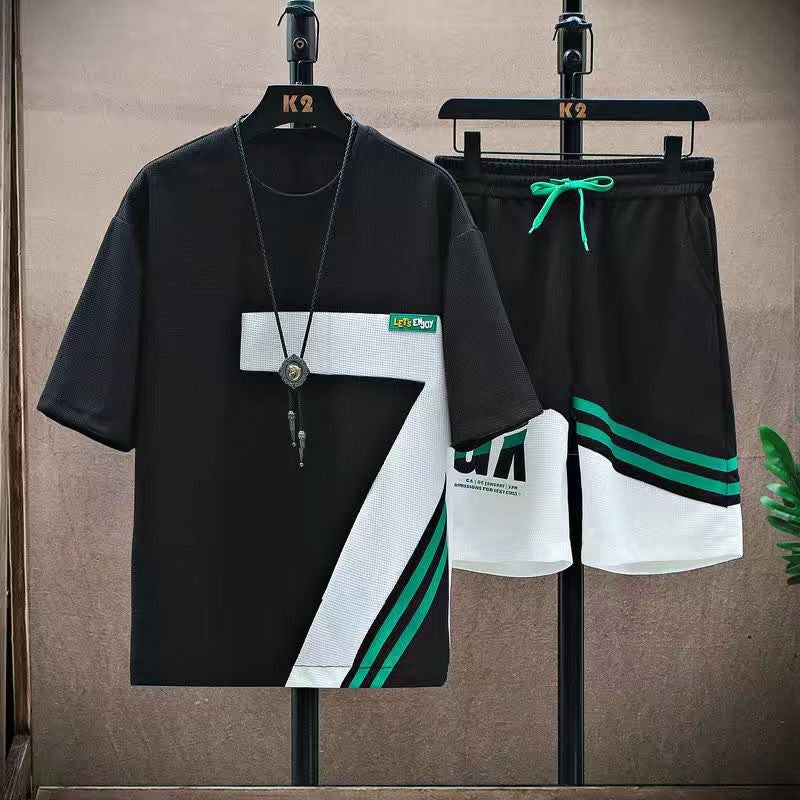 Summer Casual Sports Suit Mens Fashion Loose Youth Short Set Black - Image 1