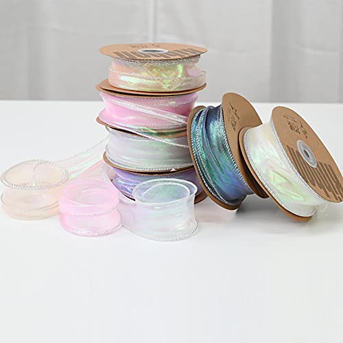 BBJ WRAPS Luxury Iridescent Fishtail Yarn Gift Ribbons for Flowers Bouquet Packaging Korean Sheer Organza Wired Ribbon for Valentine's Day Wedding Decorations, 1.6 (W) Inch x 10 Yards (White) - Image 4