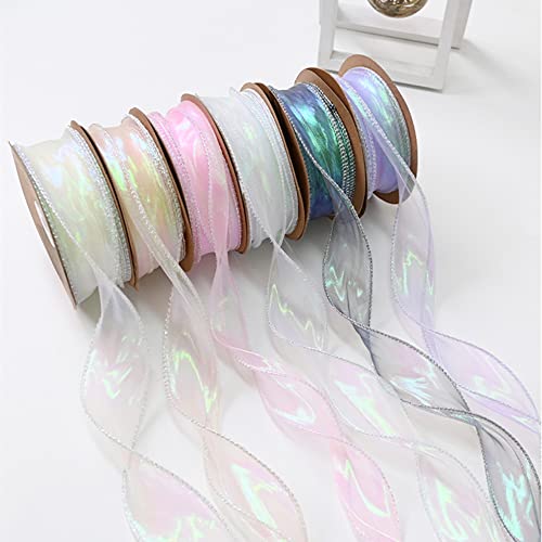 BBJ WRAPS Luxury Iridescent Fishtail Yarn Gift Ribbons for Flowers Bouquet Packaging Korean Sheer Organza Wired Ribbon for Valentine's Day Wedding Decorations, 1.6 (W) Inch x 10 Yards (White) - Image 5