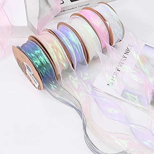 BBJ WRAPS Luxury Iridescent Fishtail Yarn Gift Ribbons for Flowers Bouquet Packaging Korean Sheer Organza Wired Ribbon for Valentine's Day Wedding Decorations, 1.6 (W) Inch x 10 Yards (White) - Image 2