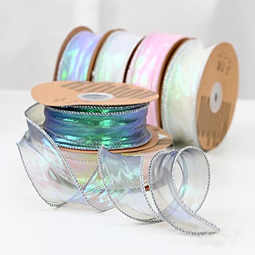 BBJ WRAPS Luxury Iridescent Fishtail Yarn Gift Ribbons for Flowers Bouquet Packaging Korean Sheer Organza Wired Ribbon for Valentine's Day Wedding Decorations, 1.6 (W) Inch x 10 Yards (White) - Image 3
