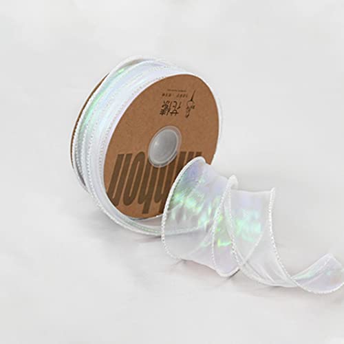 BBJ WRAPS Luxury Iridescent Fishtail Yarn Gift Ribbons for Flowers Bouquet Packaging Korean Sheer Organza Wired Ribbon for Valentine's Day Wedding Decorations, 1.6 (W) Inch x 10 Yards (White) - Image 1