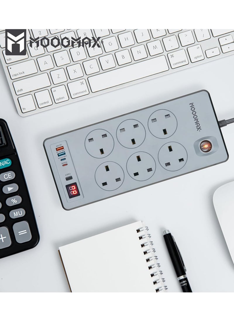 MOOGMAX BOOM Multiple cord Extension 2990W, with Six-socket, two Type-C ports support fast charging up to 20W and two USB-A ports compatible with most devices, an electrical strip equipped with an automatic shut-off timer (For Type-C and USB ports only, power outlets are not included) and an on/off button, a fire-safe socket up to 750 C, certified with quality and safety (SASO, GCC and RoHS) certificates. 3 meters long. From Moogmax  - Image 4