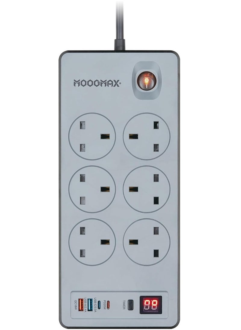 MOOGMAX BOOM Multiple cord Extension 2990W, with Six-socket, two Type-C ports support fast charging up to 20W and two USB-A ports compatible with most devices, an electrical strip equipped with an automatic shut-off timer (For Type-C and USB ports only, power outlets are not included) and an on/off button, a fire-safe socket up to 750 C, certified with quality and safety (SASO, GCC and RoHS) certificates. 3 meters long. From Moogmax  - Image 1