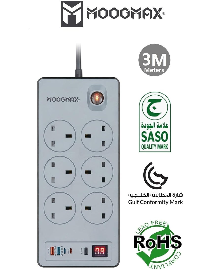 MOOGMAX BOOM Multiple cord Extension 2990W, with Six-socket, two Type-C ports support fast charging up to 20W and two USB-A ports compatible with most devices, an electrical strip equipped with an automatic shut-off timer (For Type-C and USB ports only, power outlets are not included) and an on/off button, a fire-safe socket up to 750 C, certified with quality and safety (SASO, GCC and RoHS) certificates. 3 meters long. From Moogmax  - Image 2