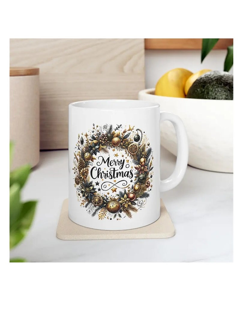 RYN 1pc 11OZ Ceramic Merry Christmas Coffee Mug - Double-Sided Printed Holiday Cup, Festive Gift for Men & Women, Ideal for Office, Dorm, School - Seasonal Tea & Coffee Mug white - Image 1