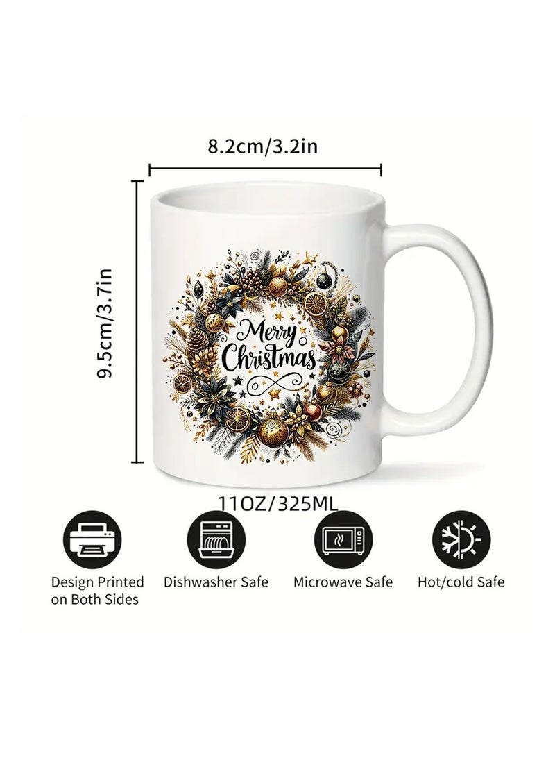 RYN 1pc 11OZ Ceramic Merry Christmas Coffee Mug - Double-Sided Printed Holiday Cup, Festive Gift for Men & Women, Ideal for Office, Dorm, School - Seasonal Tea & Coffee Mug white - Image 2