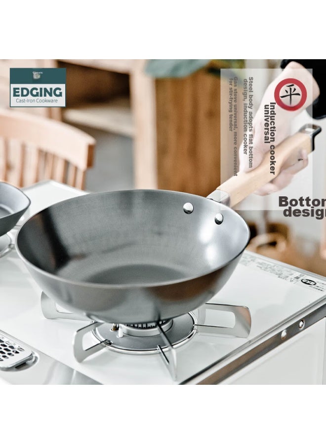 Edging Small Wok Cast Iron Pan Thickened Household Raw Iron Stir-fry Pan Non-coated Flat Bottom Compatible With Gas And Induction Stoves 26cm - Image 2