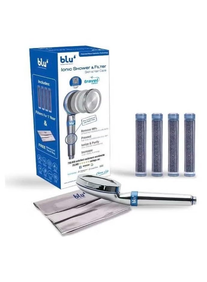 blu Ionic Shower Head and Shower Filter - Handheld - Travel Edition 10cm - Removes Chlorine & Harmful Pollutants - Prevent Hair Loss & Moisturize Your Skin, Chrome (Noon) - Image 1