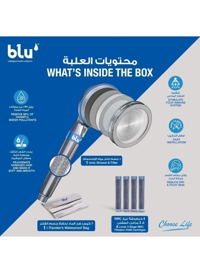 blu Ionic Shower Head and Shower Filter - Handheld - Travel Edition 10cm - Removes Chlorine & Harmful Pollutants - Prevent Hair Loss & Moisturize Your Skin, Chrome (Noon) - Image 4