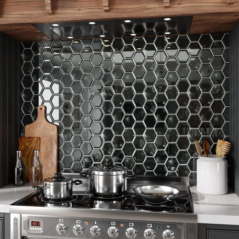 CRE8TIVE 16 Sheets Black Peel and Stick Tiles for Kitchen Backsplash Stick on Tiles 12"x12" Hexagon Wall Tile Adhesive 3D Tile Stickers Waterproof Peel and Stick Backsplash for Bathroom Laundry Room - Image 2