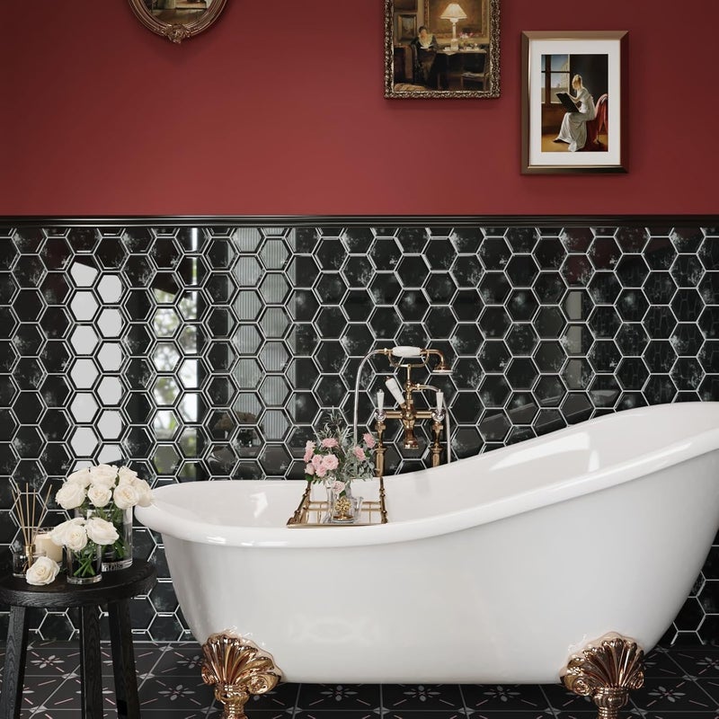 CRE8TIVE 16 Sheets Black Peel and Stick Tiles for Kitchen Backsplash Stick on Tiles 12"x12" Hexagon Wall Tile Adhesive 3D Tile Stickers Waterproof Peel and Stick Backsplash for Bathroom Laundry Room - Image 5