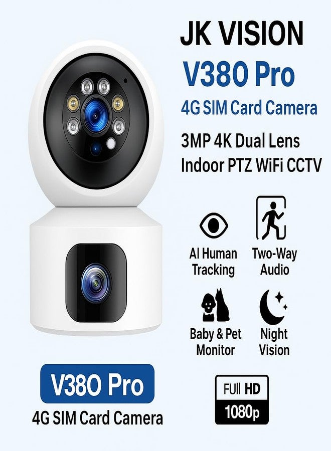 JK VISION V380 Pro 4G SIM Card Camera | 3MP 4K Dual Lens Indoor PTZ WiFi CCTV | AI Human Tracking, Two-Way Audio, Baby & Pet Monitor, Night Vision, Dual-Screen Smart Home Security Camera - Image 2