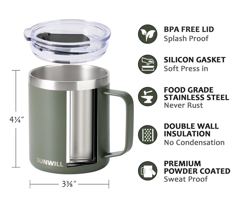 SUNWILL Travel Coffee Mug with Lid, Insulated Tumbler with Handle, 14 oz Stainless Steel Cup for Home, Office, Camping, Powder Coated Camp Green - Image 2